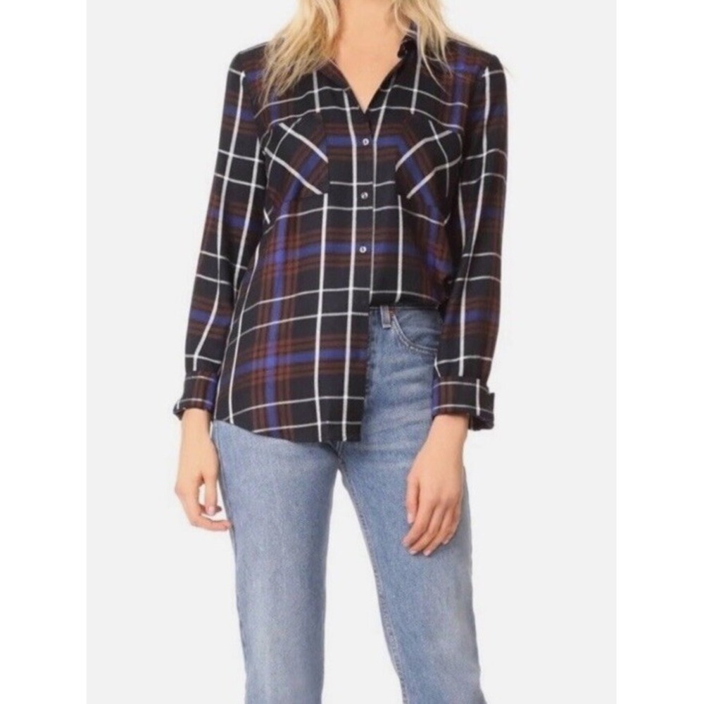 L'Agence Denise Contrast Back Shirt Blouse Sheer Silk Plaid Black Multi M